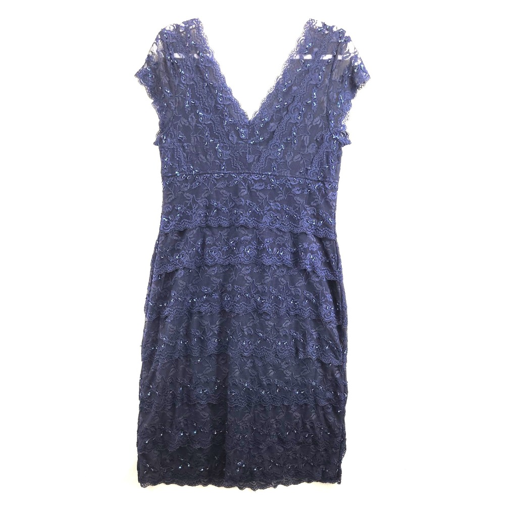 Marina Women's Dress Sheath Navy Layered Beaded Lace Sequins Stretch Lined Sz 14